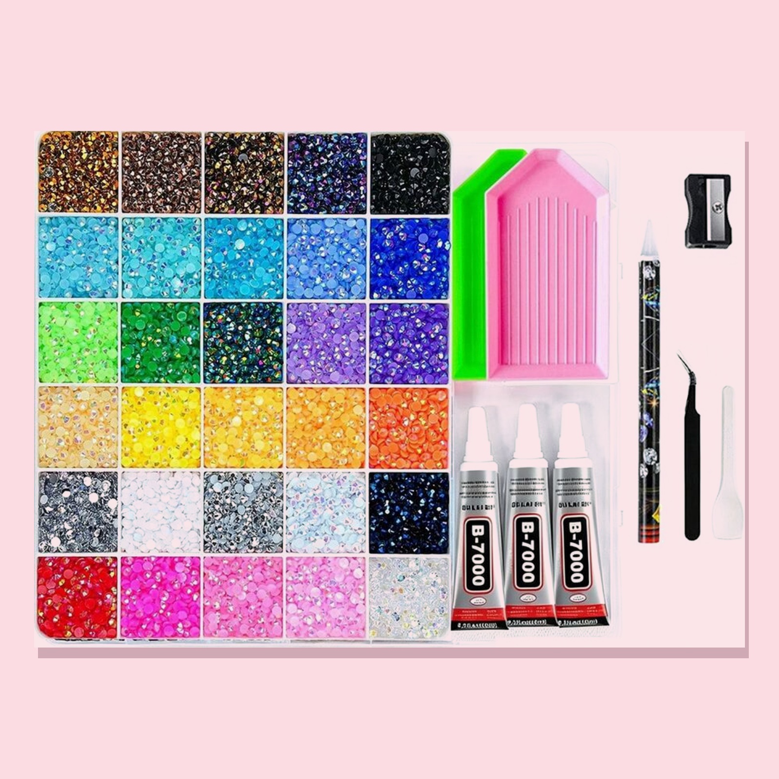 Complete 30-colour rhinestone kit with applicator pens, tweezers, adhesive and sorting tray