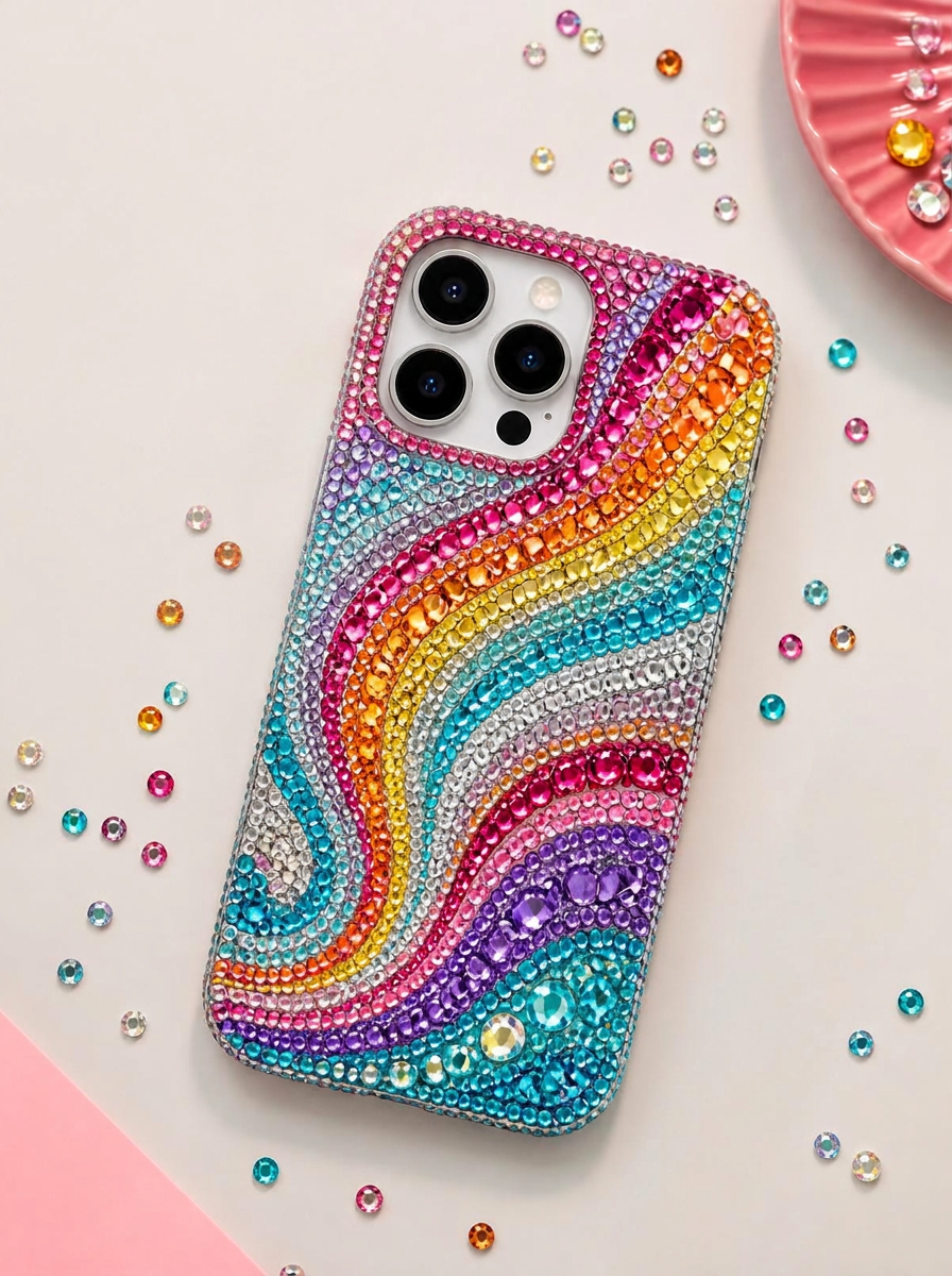 Phone case decorated with a flowing pattern of colourful rhinestones