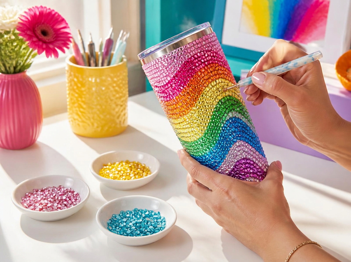 Hands decorating a tumbler with rows of rainbow rhinestones