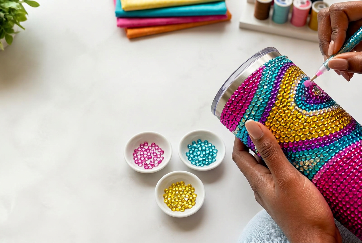 Maker decorating a tumbler with colourful rhinestones